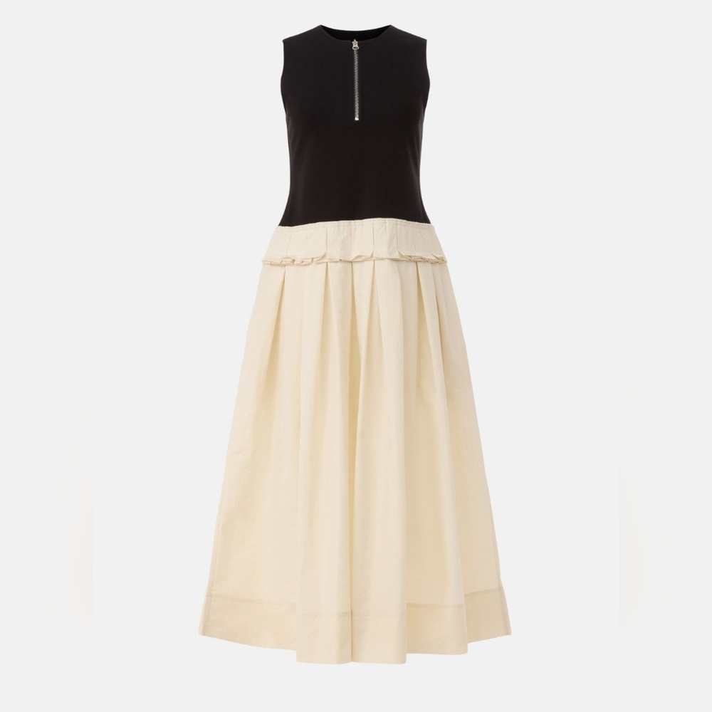 PLAN C Knit And Poplin Two Toned Pleated Midi Dress V-Neck Sleeveless Size 0
